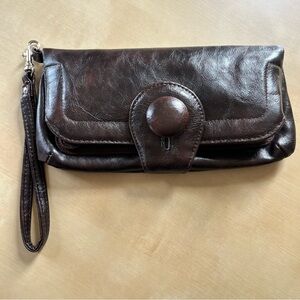 Dark Brown Leather Wristlet Clutch with Button Flap - Unbranded